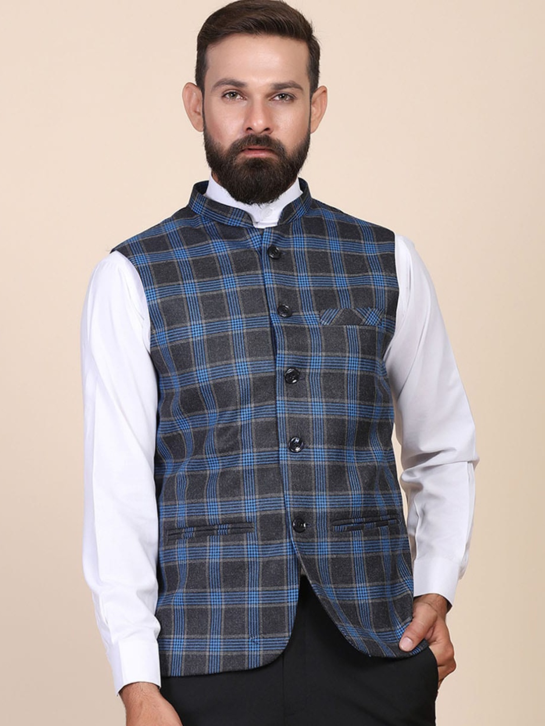 

TAHVO Men Blue Checked Woven-Design Nehru Jacket