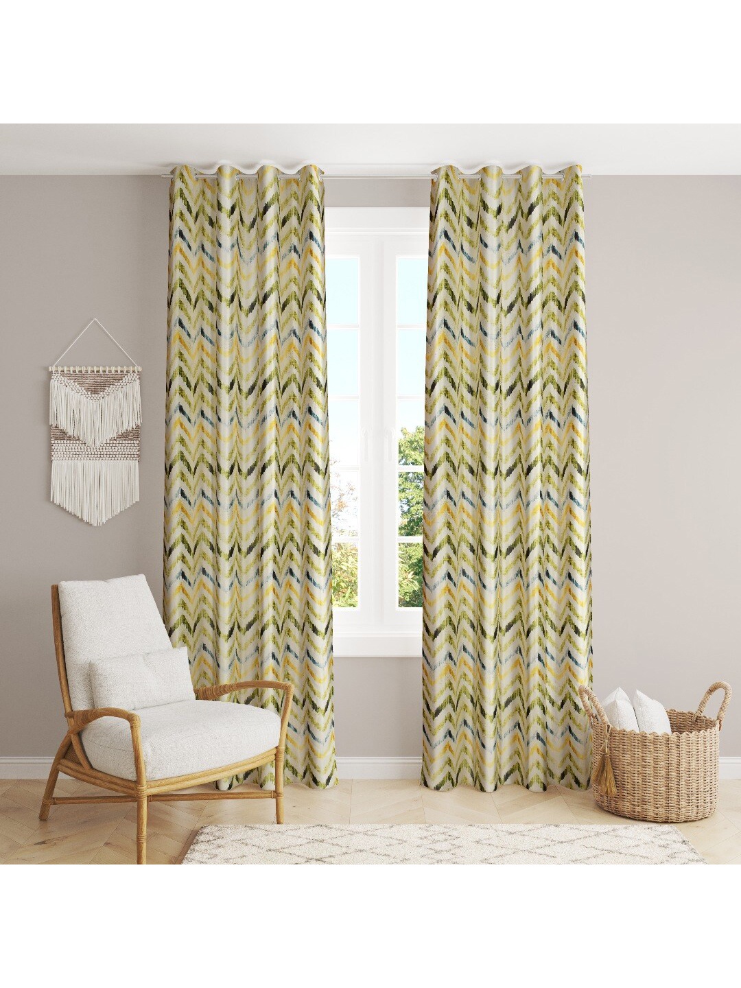 

MULTITEX Green & Off White Set of 2 Floral Long Door Curtain