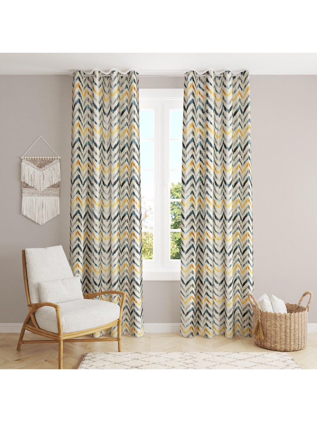 

MULTITEX Blue & Cream-Coloured Set of 2 Geometric Long Door Curtain