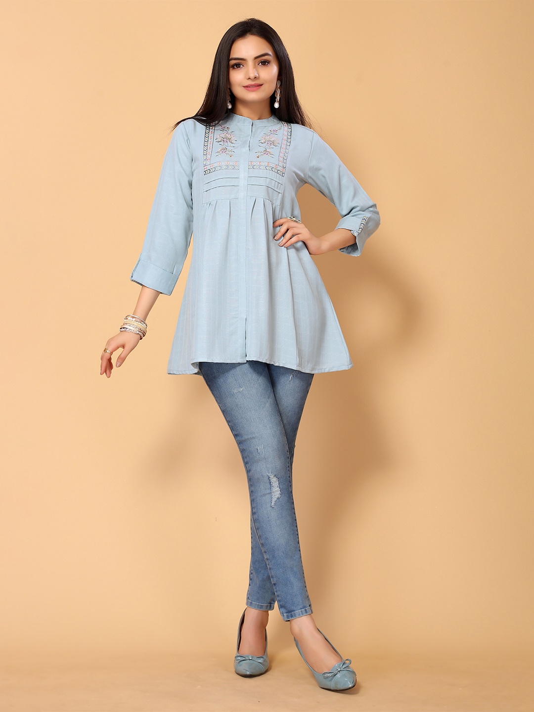 

all about you Blue Mandarin Collar Top