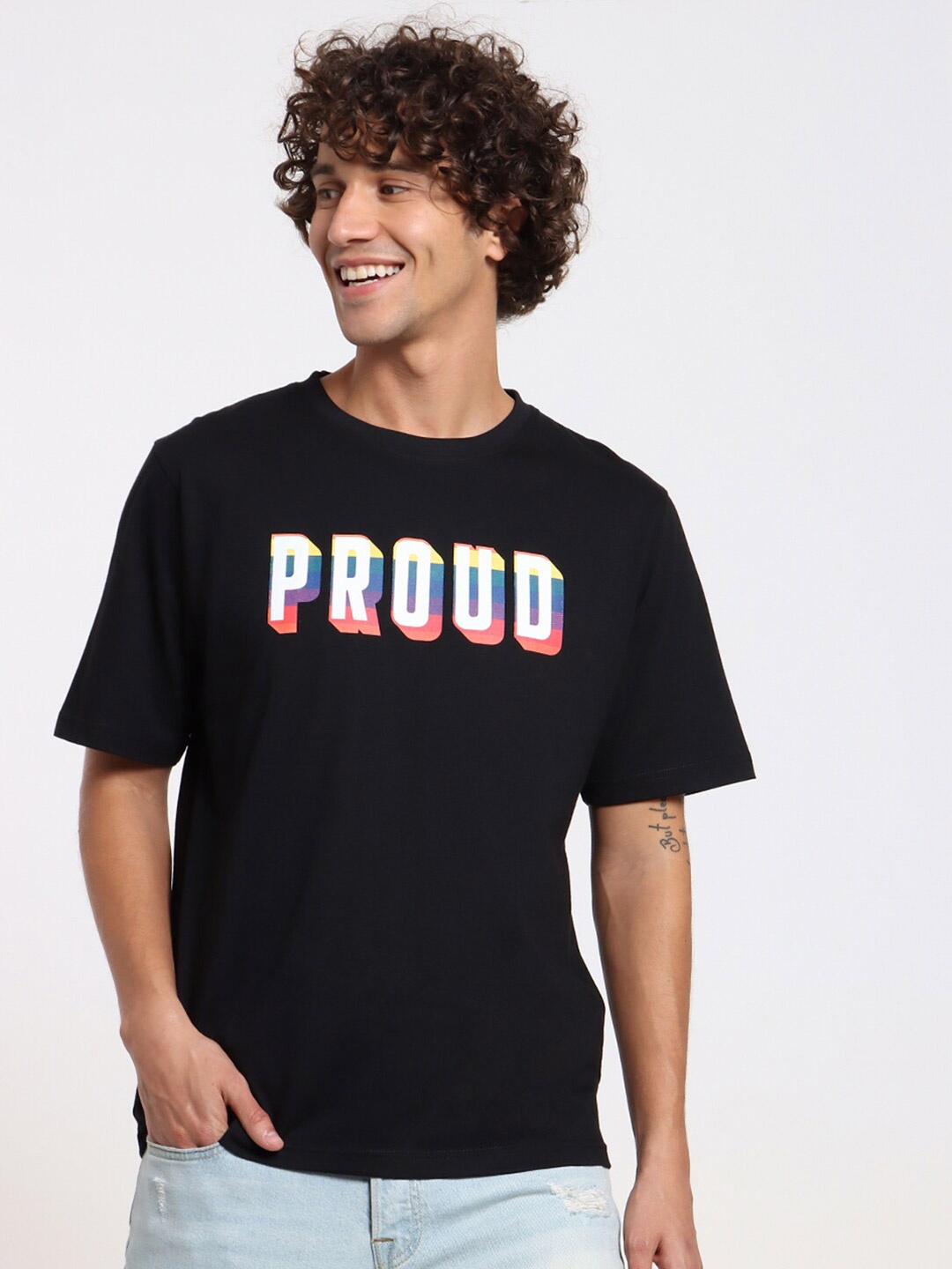 

Bewakoof Men Black Typography Printed Pure Cotton Applique T-shirt
