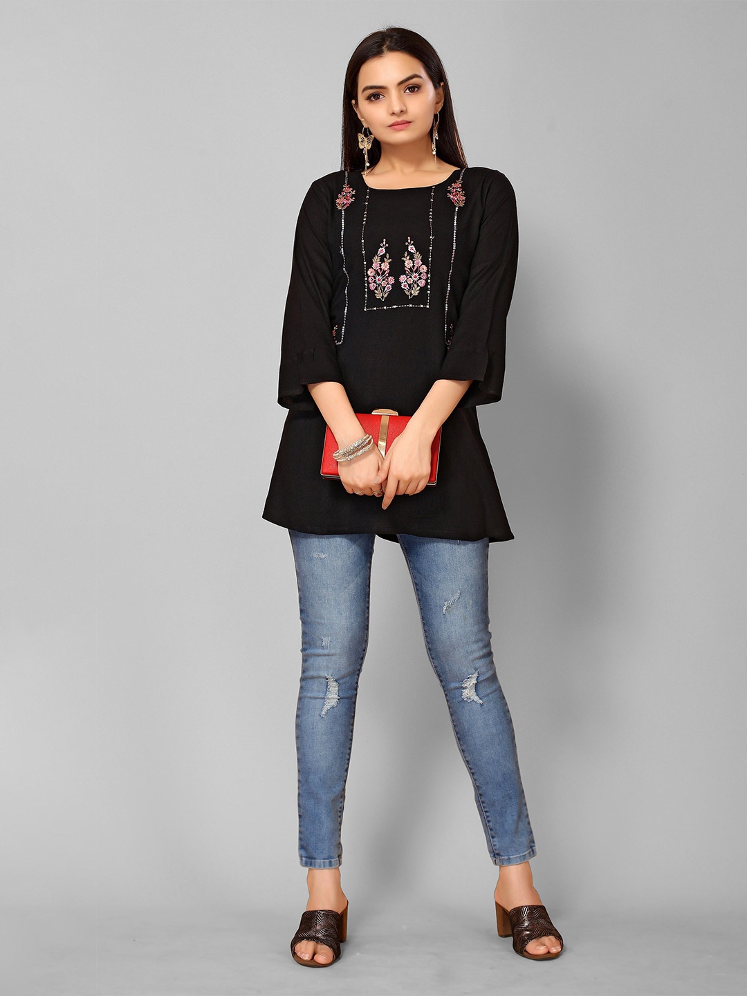 

KALINI Black Floral Embellished Longline Top