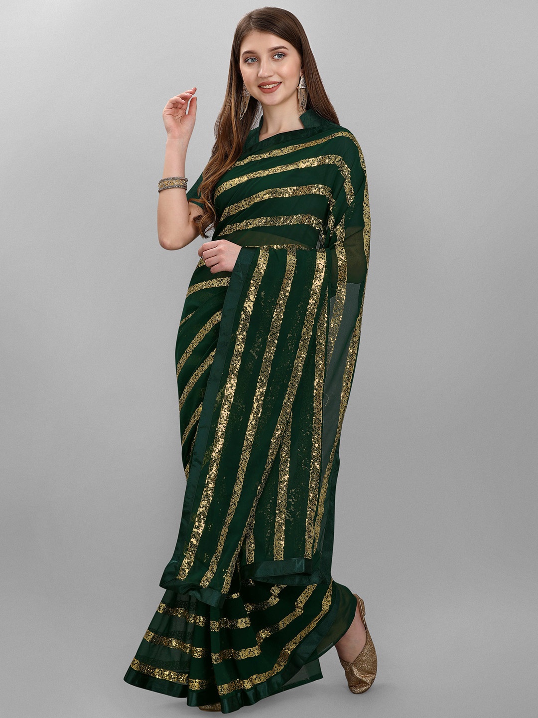 

nirja Fab Green & Gold-Toned Embellished Sequinned Leheriya Saree