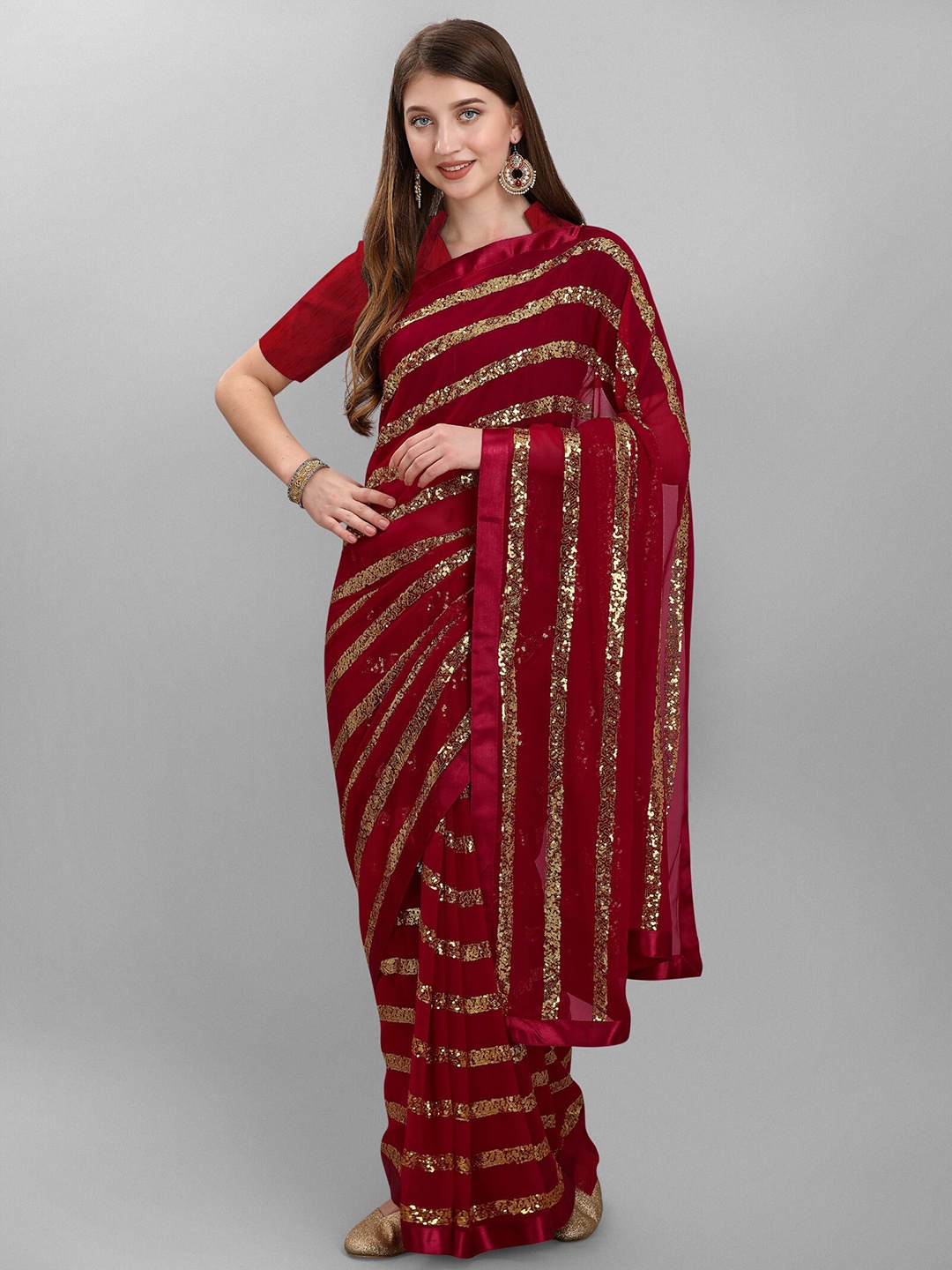 

nirja Fab Red Embellished Sequinned Leheriya Saree