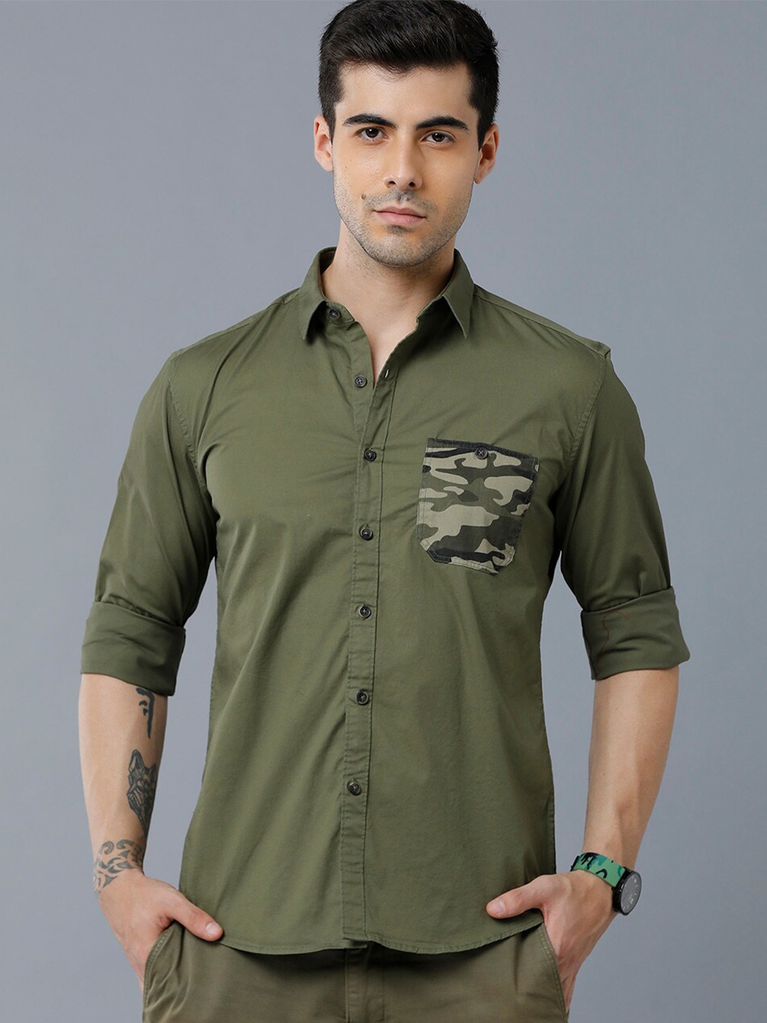 

YOVISH Men Olive Green Smart Slim Fit Casual Shirt