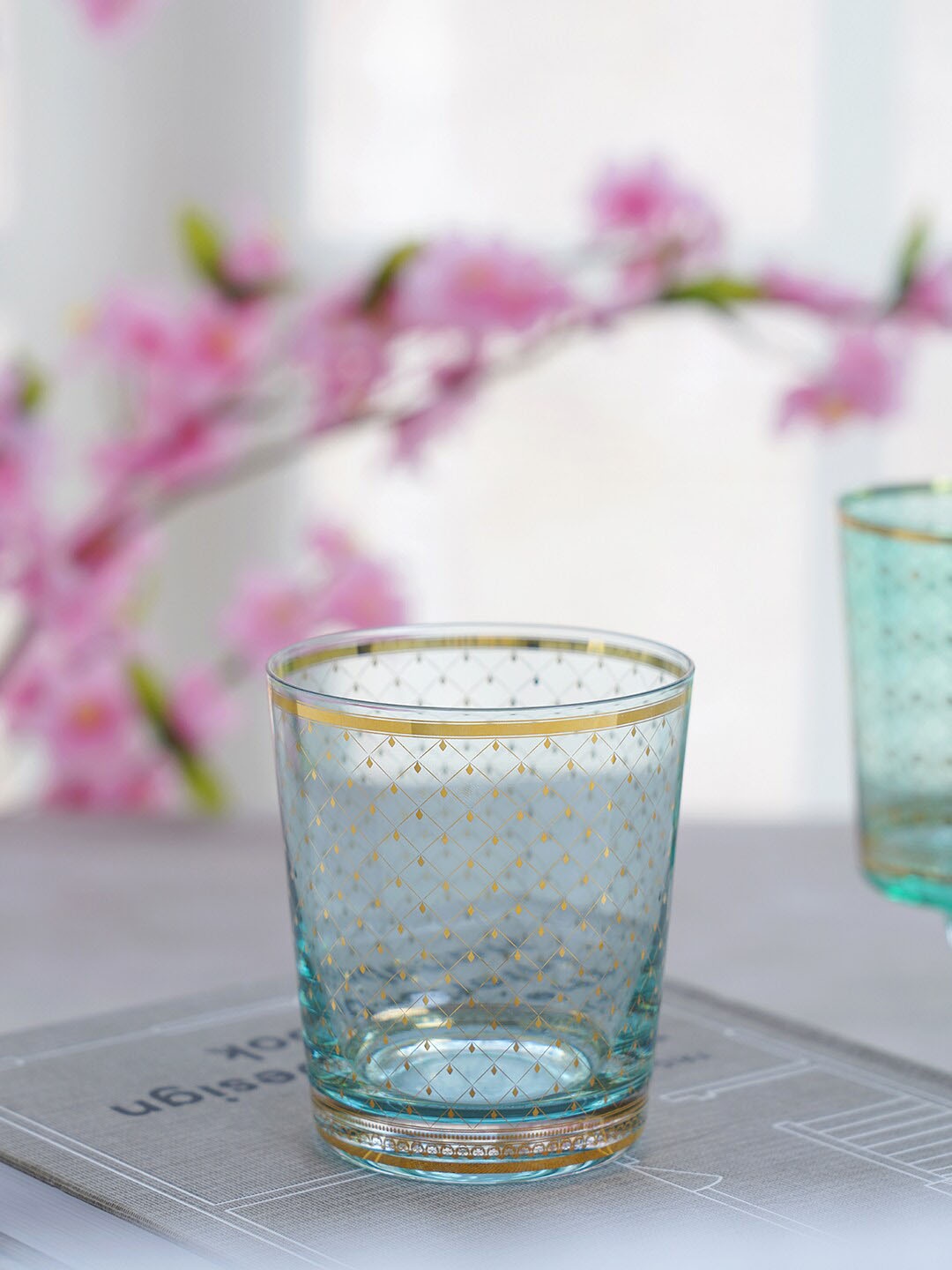 

Pure Home and Living Blue & Gold Printed Glass Tumbler