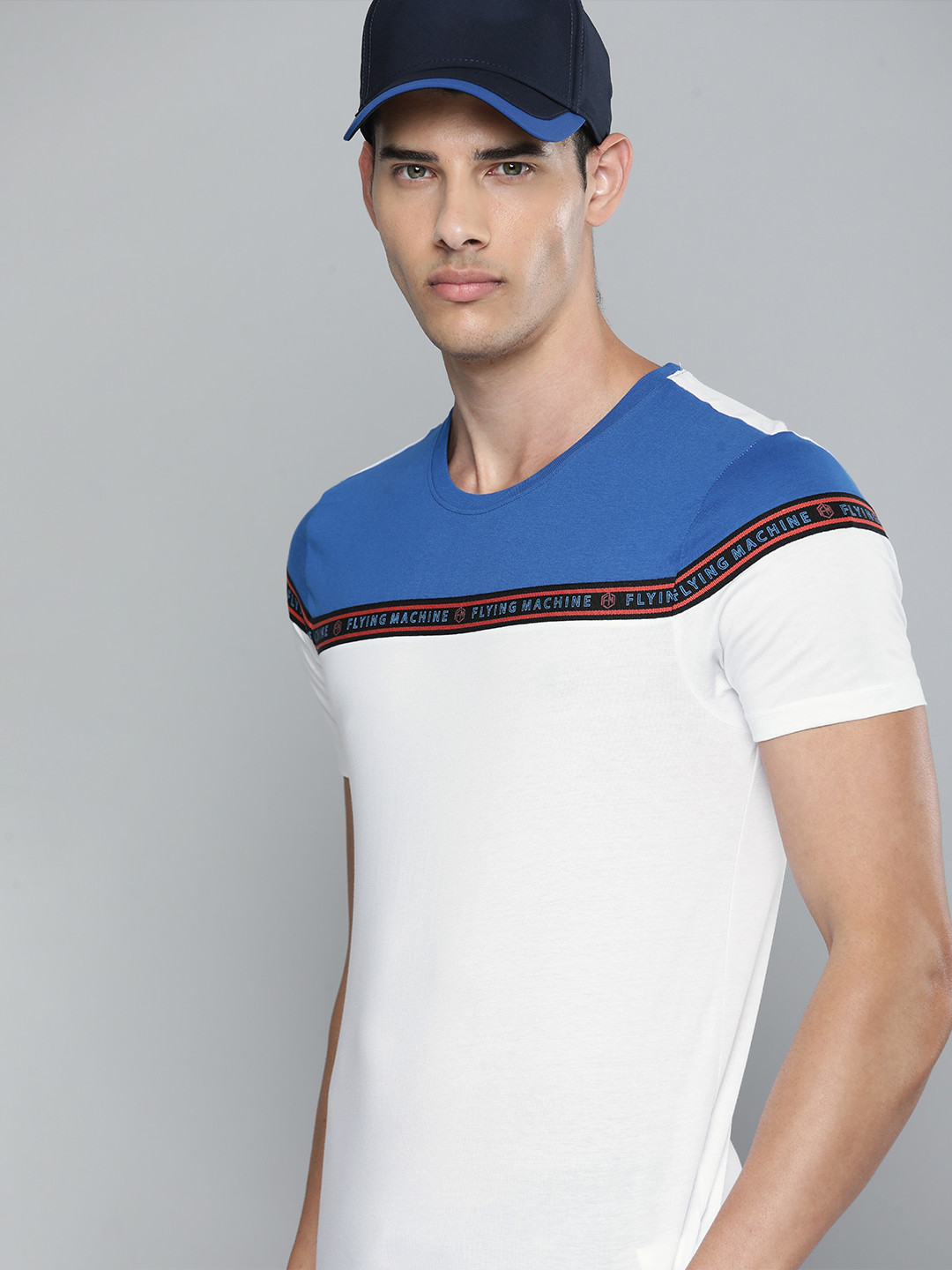 

Flying Machine Men White & Blue Colourblocked Pure Cotton T-shirt