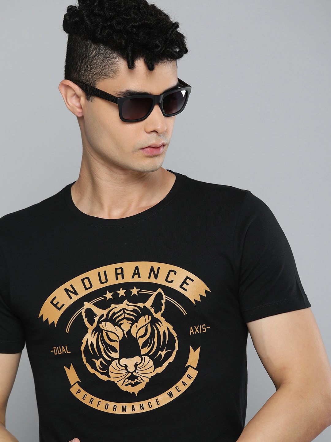

Flying Machine Men Black & Mustard Yellow Printed Pure Cotton T-shirt