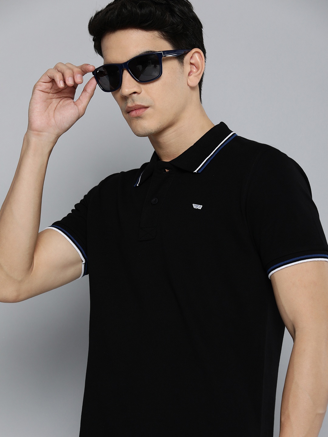

Flying Machine Men Black Solid Polo Collar Pure Cotton T-shirt