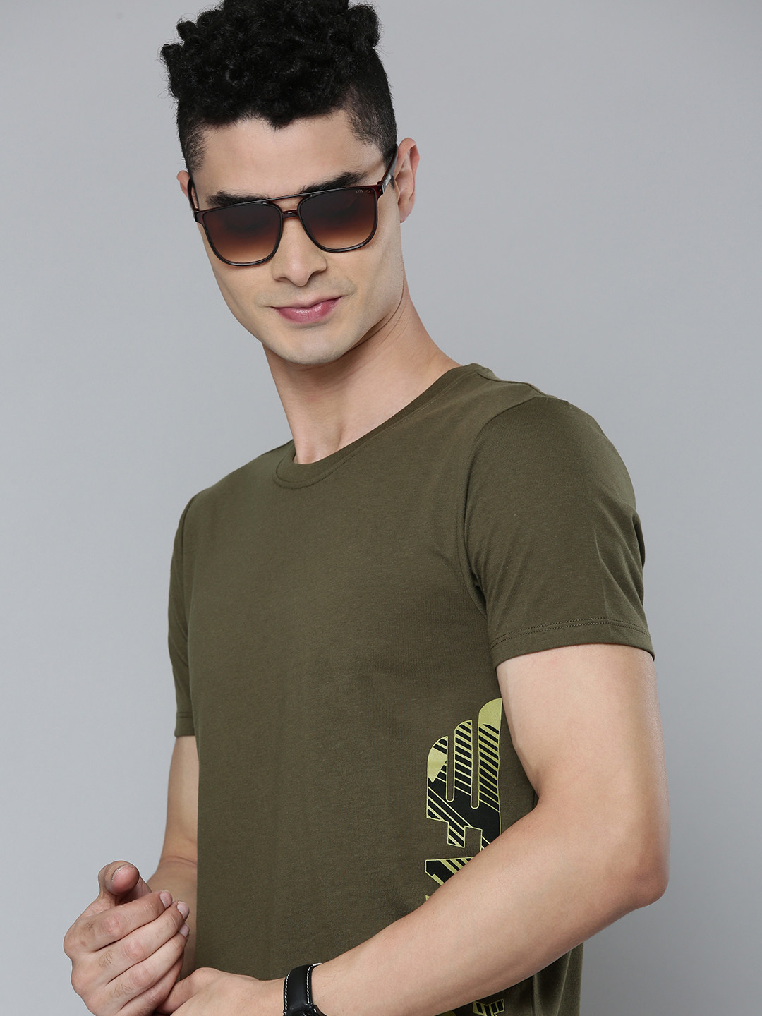

Flying Machine Men Olive Green Brand Logo Placement Print Knitted Slim Fit T-shirt