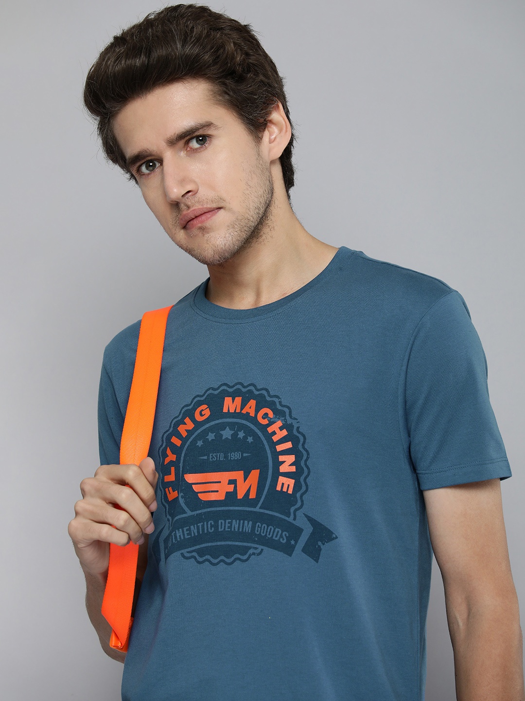 

Flying Machine Men Blue Brand Logo Printed Round Neck T-shirt