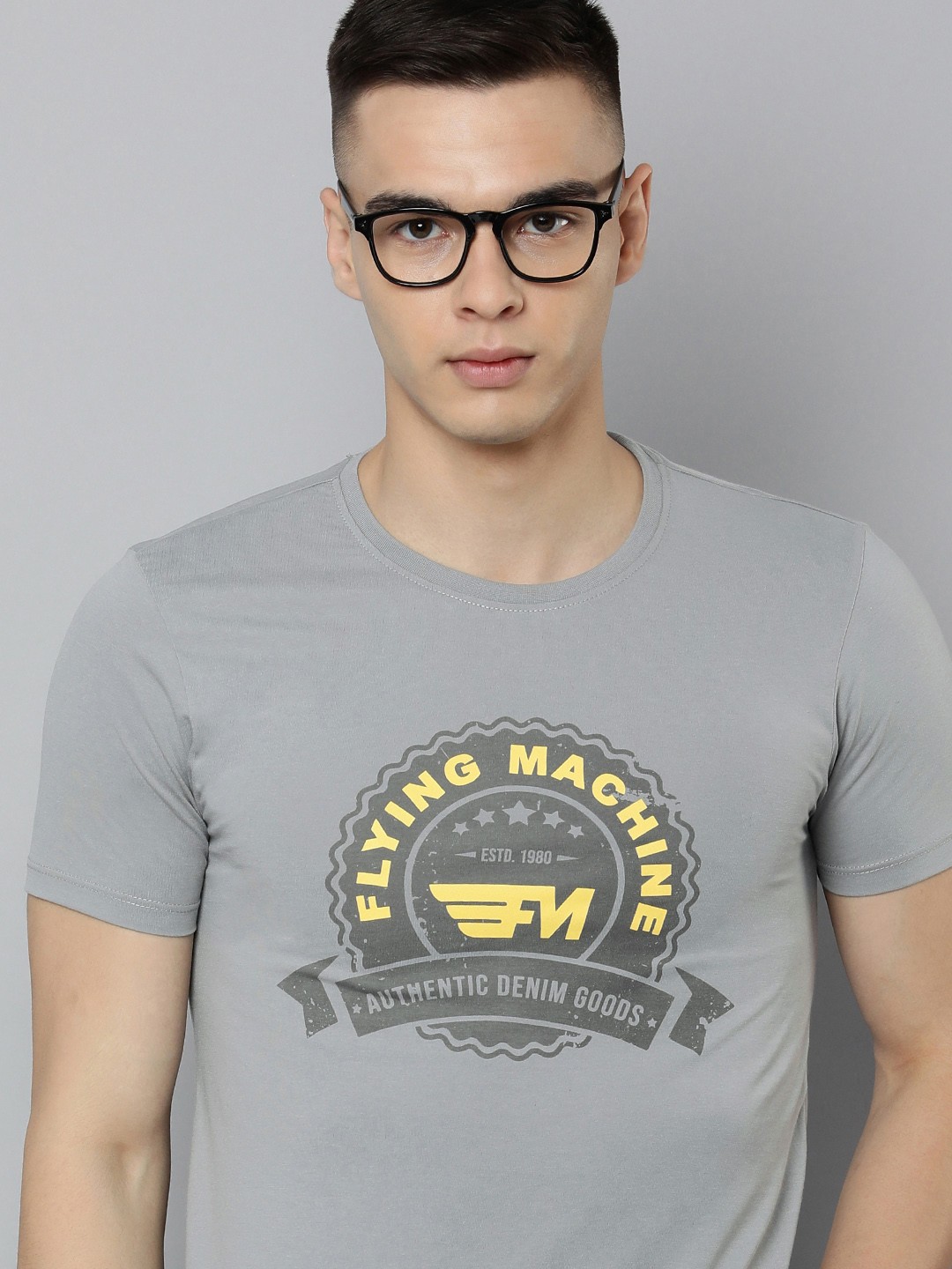 Flying Machine Men Brand Logo Printed Round-Neck Casual T-shirt, Grey