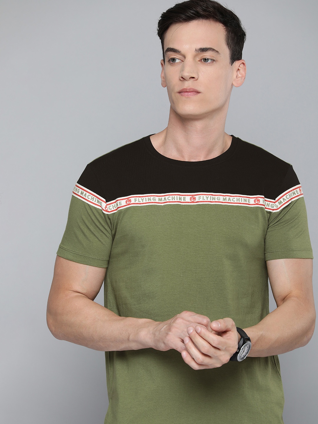 

Flying Machine Men Olive Green & Black Colourblocked Pure Cotton T-shirt