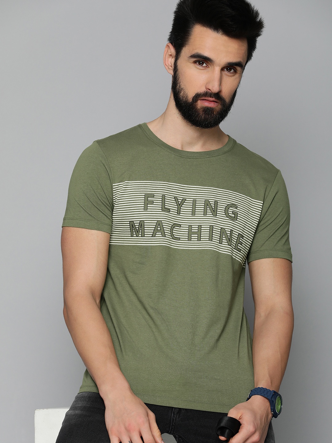 

Flying Machine Men Olive Green Brand Logo Printed Pure Cotton T-shirt