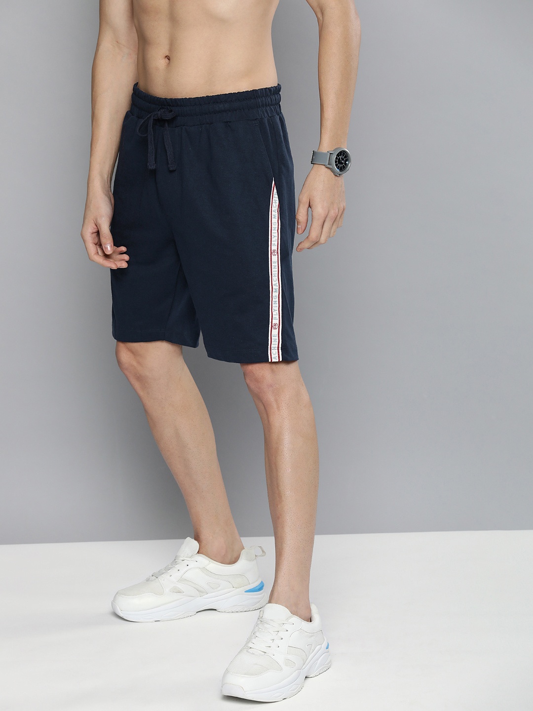 

Flying Machine Men Navy Blue Slim Fit Shorts with Side Stripes