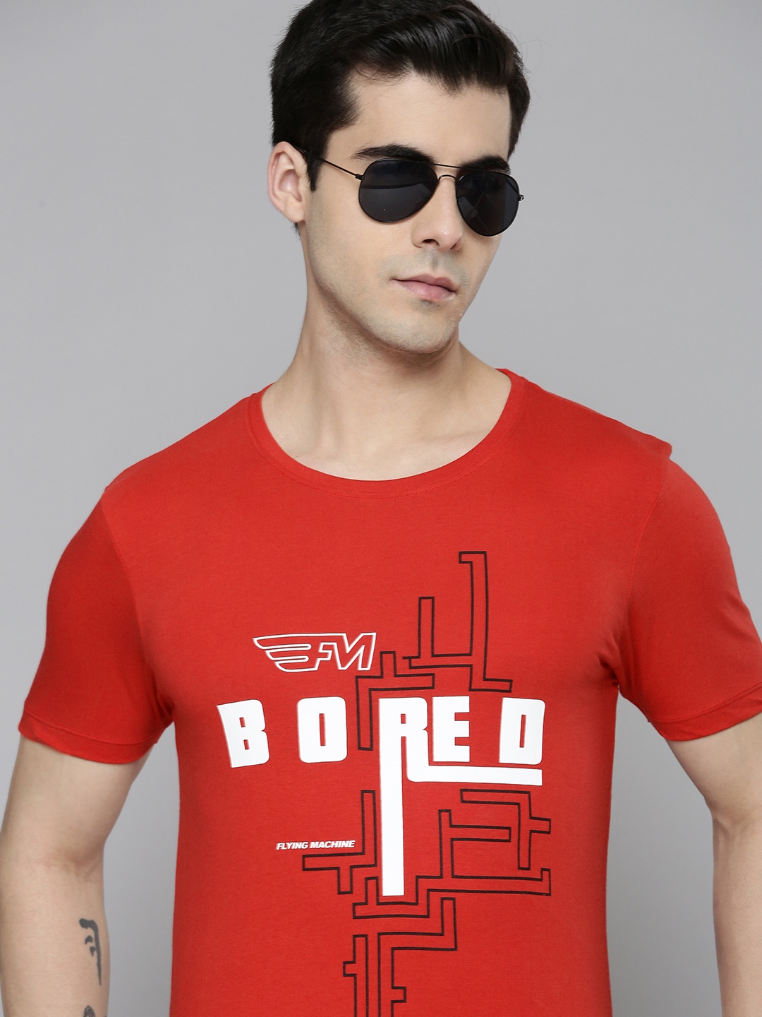 Flying Machine Men Red Typography Printed Pure Cotton Slim Fit T-shirt