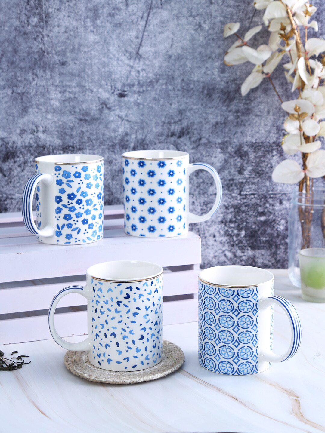 

House Of Accessories Blue & White Floral Printed Ceramic Glossy Mugs Set of Cups and Mugs