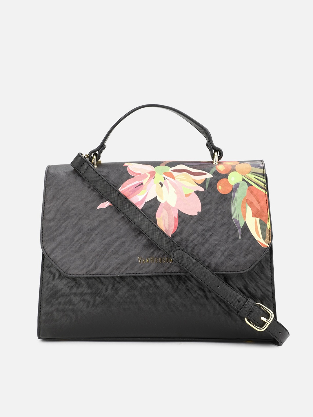 

Van Heusen Woman Black Floral PU Structured Satchel with Bow Detail