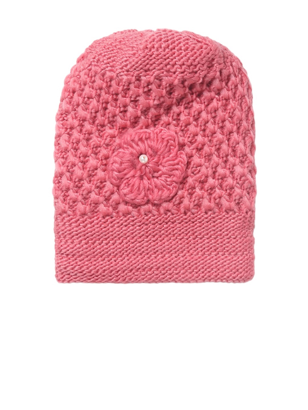 

EL REGALO Girls Knitted Pattern Beanie Cap with Attached Floral Motif, Pink