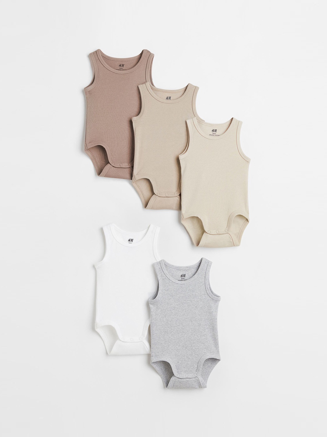 

H&M Boys 5-Pack Cotton Bodysuits, Beige