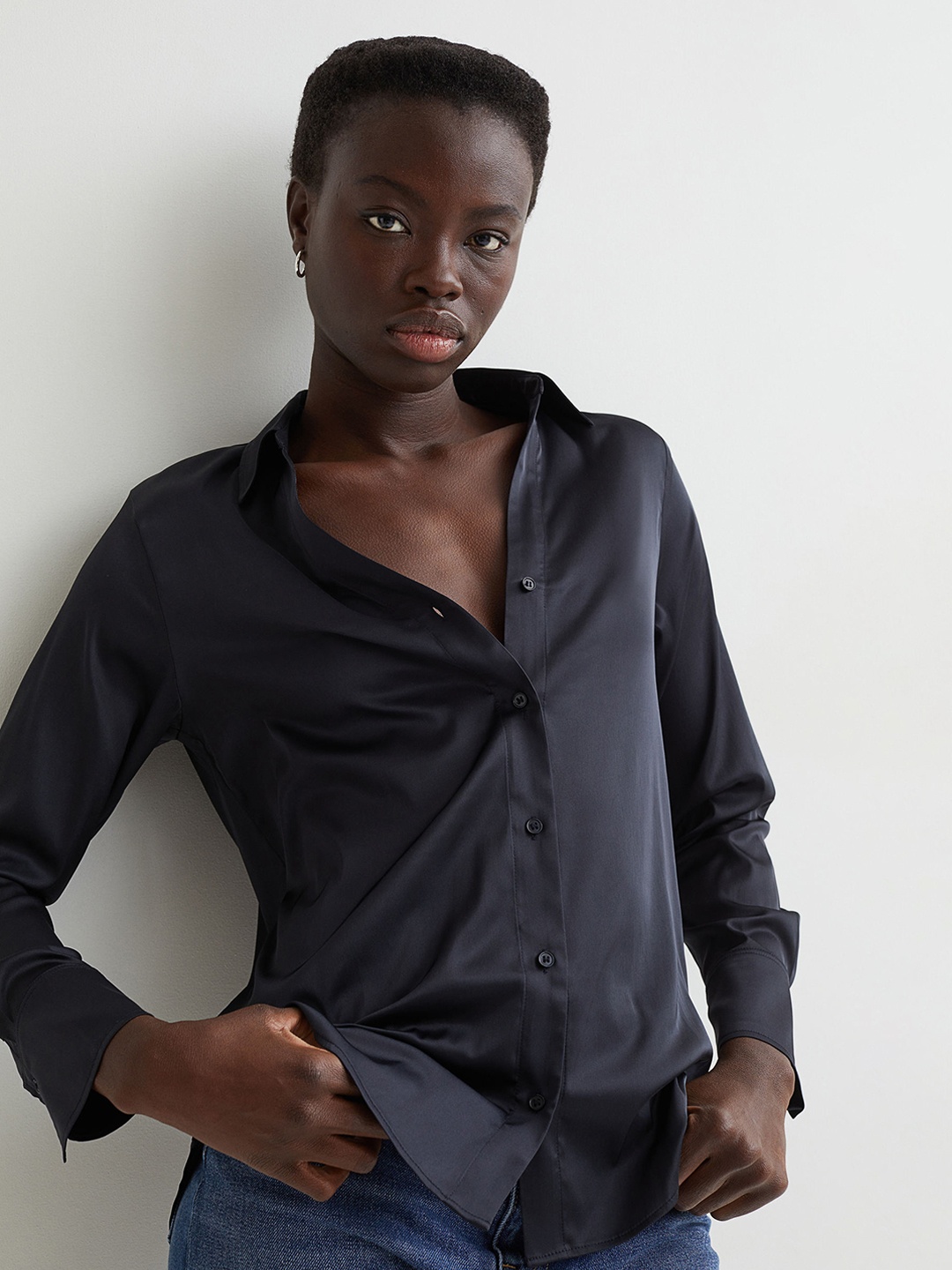 

H&M Women Navy Blue Solid V Neck Blouse