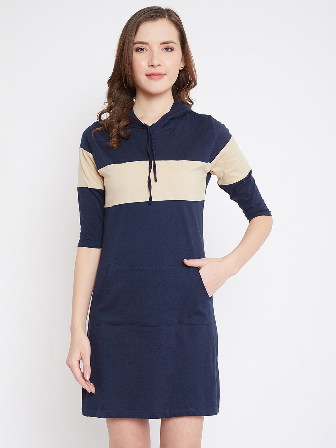 

JHANKHI Blue & Beige Colourblocked Hooded T-shirt Dress