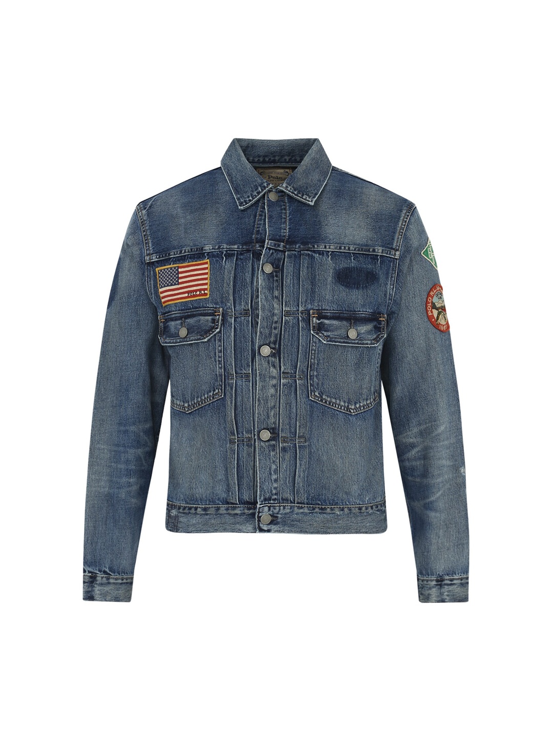 

Polo Ralph Lauren Men Blue Washed Longline Denim Jacket with Patchwork