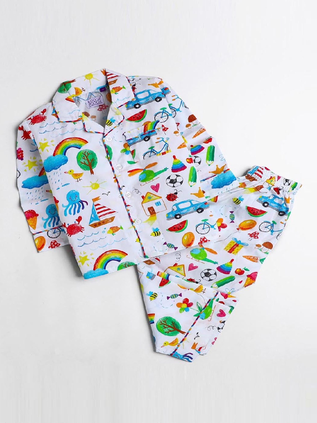 

KOOCHI POOCHI Unisex Kids White & Blue Printed Night suit