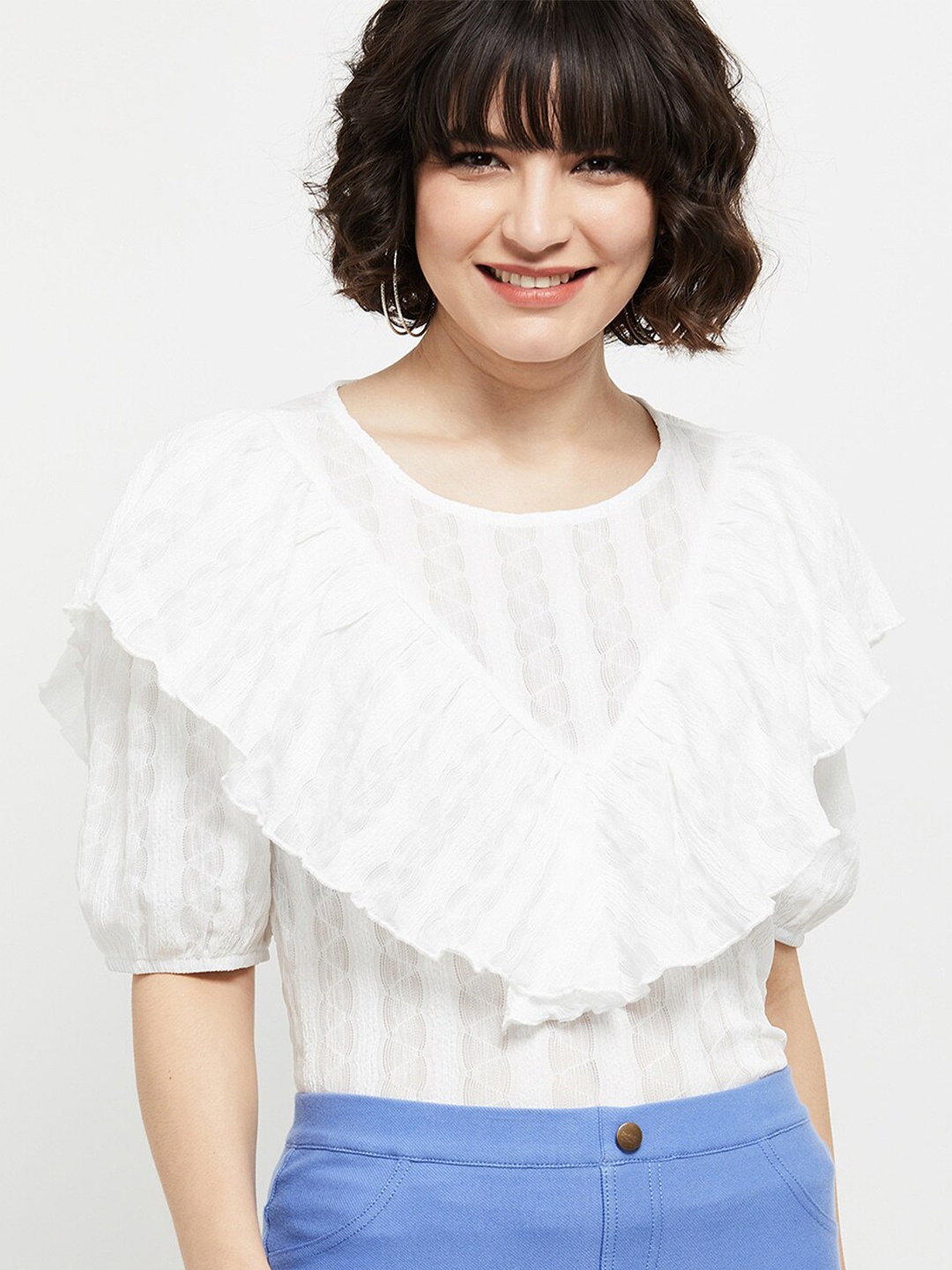 

max Off-White Self Design Ruffles Puff Sleeves Monochrome Top