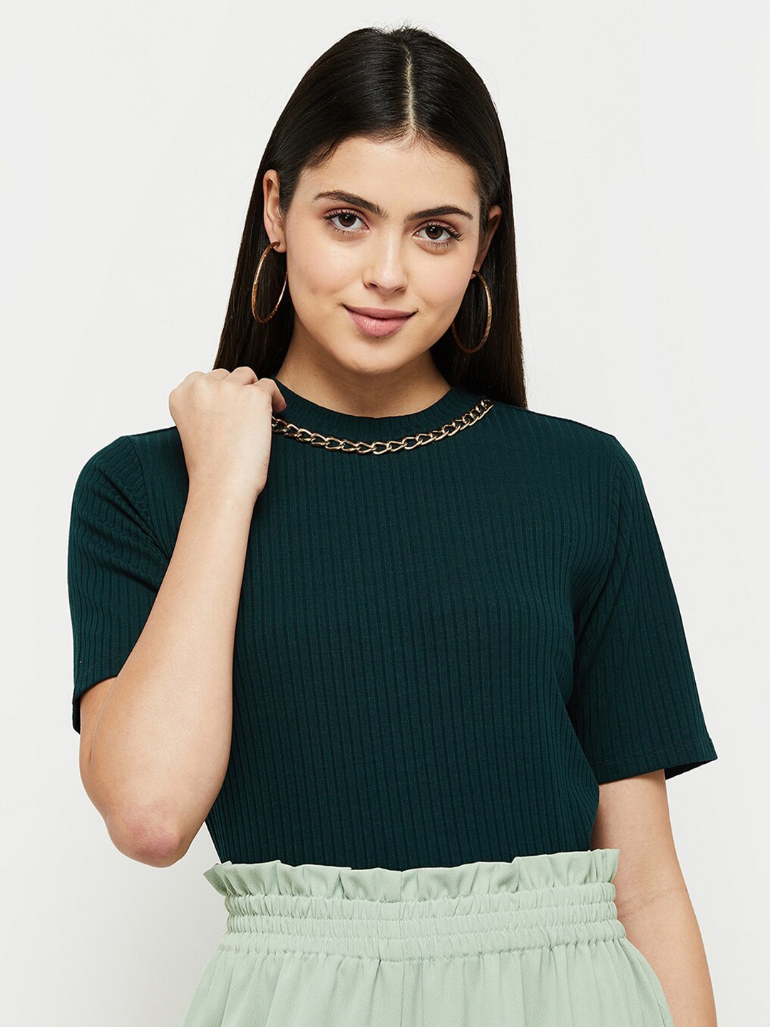

max Dark Green Solid Neck Embellished Top