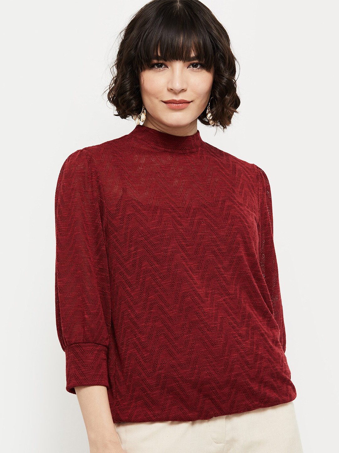 

max Maroon Self Design High Neck Top