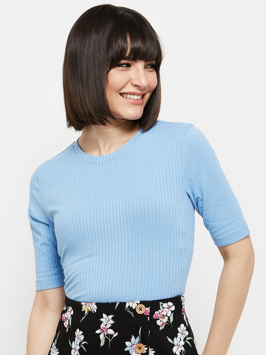 

max Blue Striped Ribbed Fitted Top