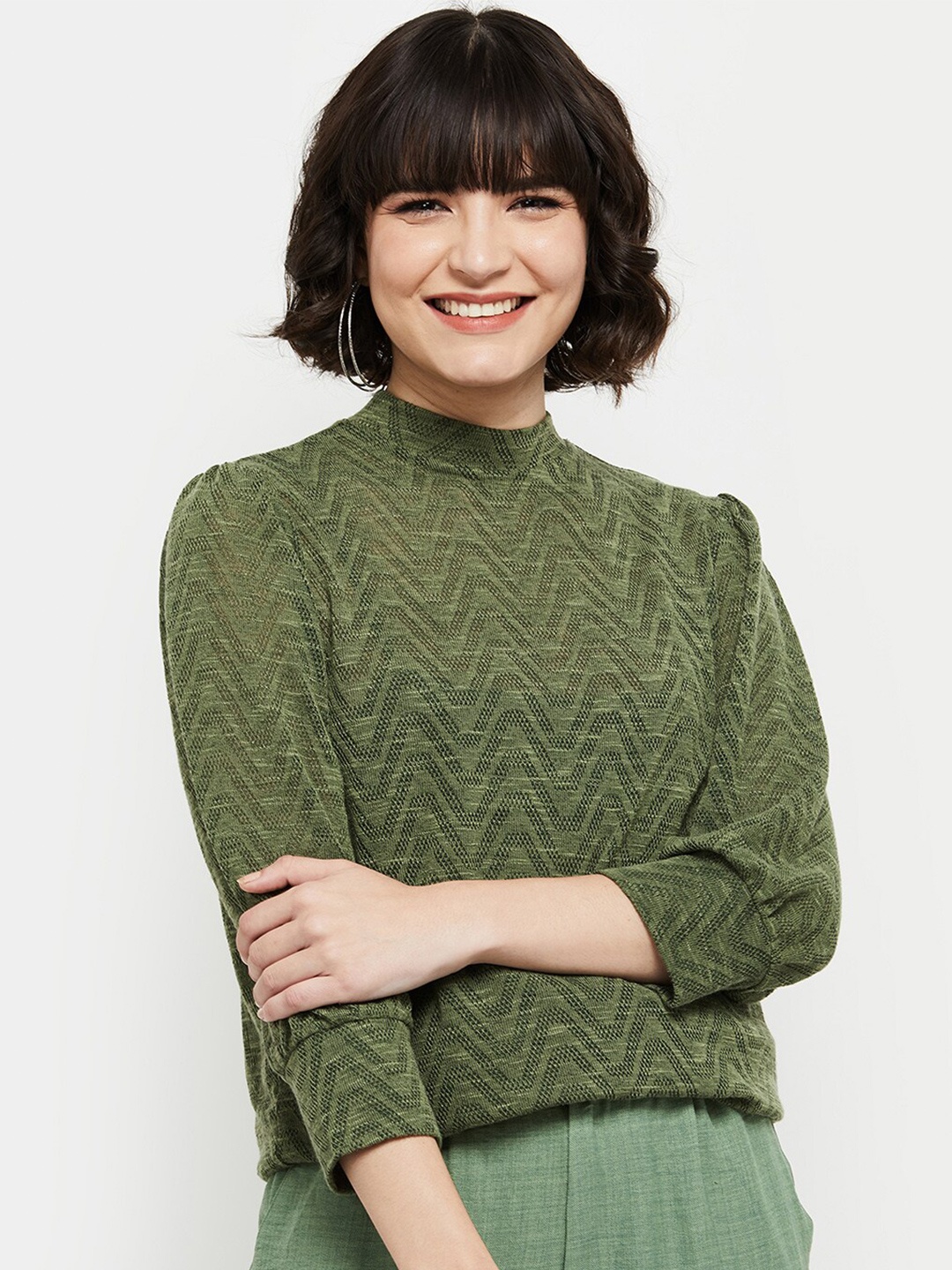 

max Olive Green Self Design High Neck Top