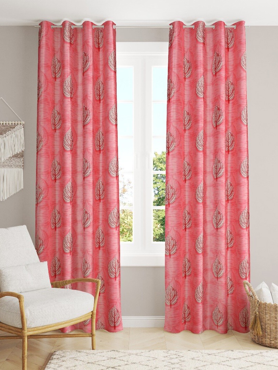 

MULTITEX Maroon & White Set of 2 Floral Long Door Curtain
