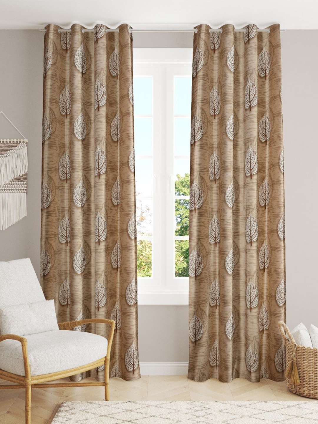 

MULTITEX Brown & White Set of 2 Floral Door Curtain