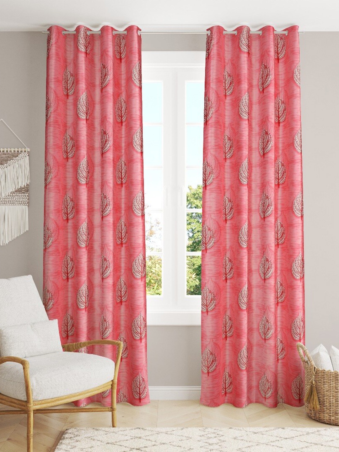 

MULTITEX Maroon & White Set of 2 Floral Door Curtain