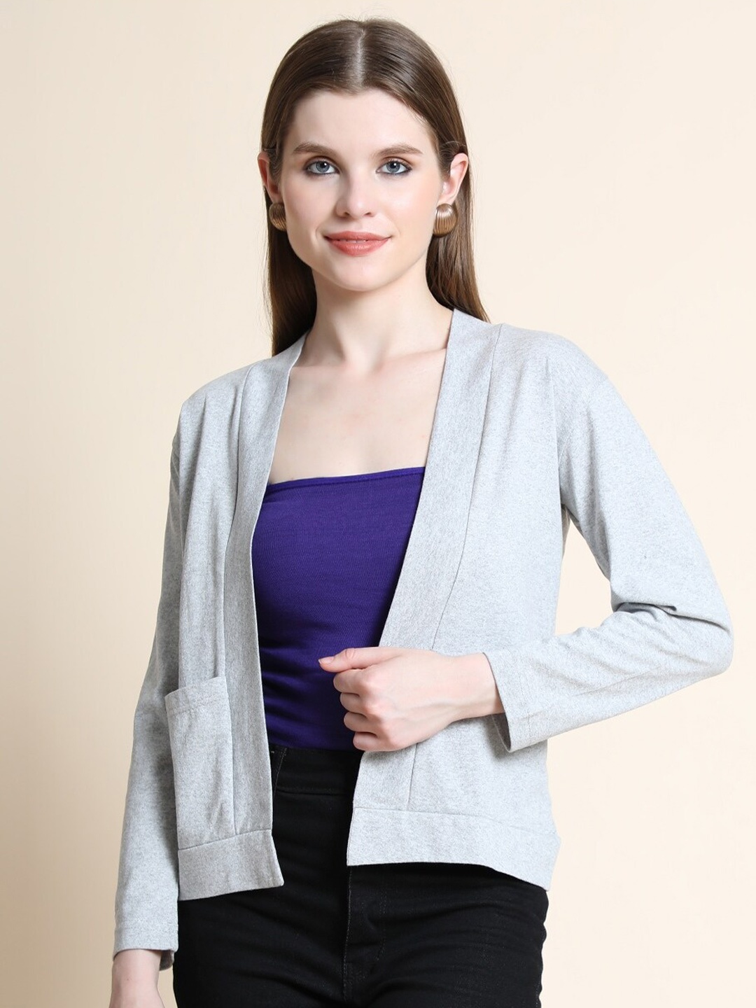 

TEEMOODS Women Grey Melange Monochrome Shrug