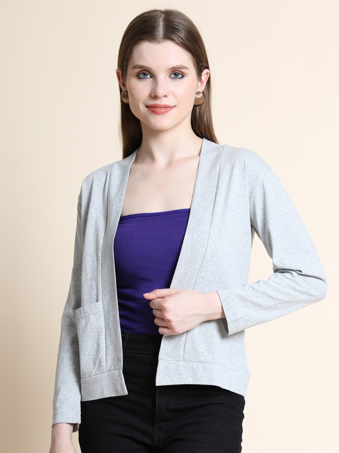 

TEEMOODS Women Grey Melange Monochrome Shrug