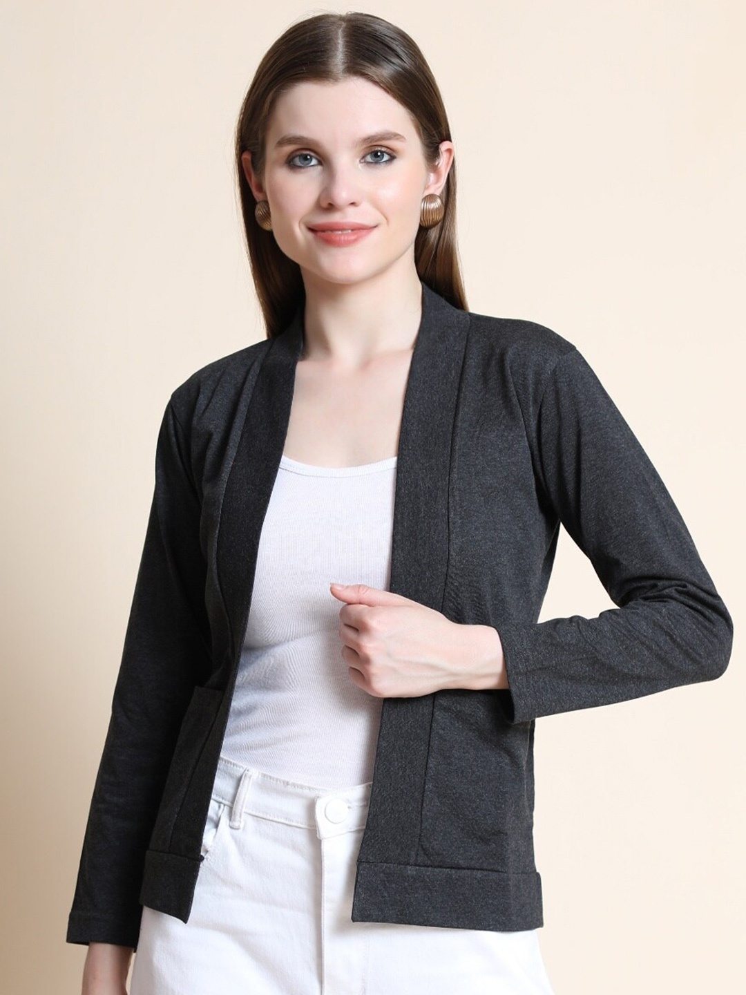 

TEEMOODS Women Charcoal Monochrome Shrug