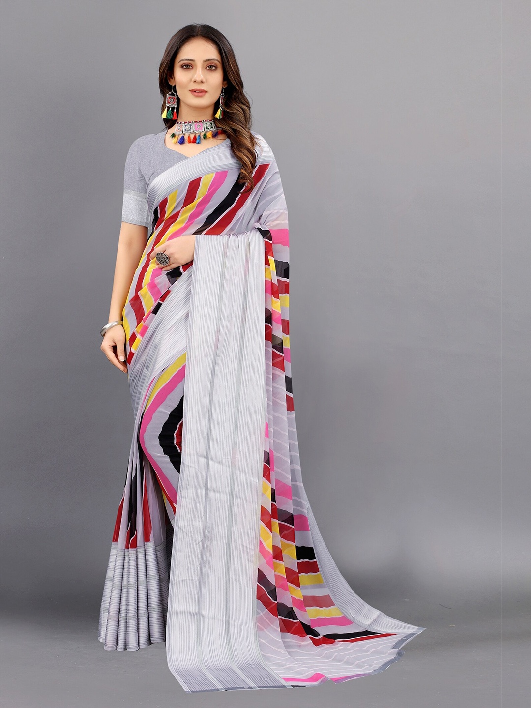 

APNISHA Grey & Pink Striped Zari Pure Georgette Saree
