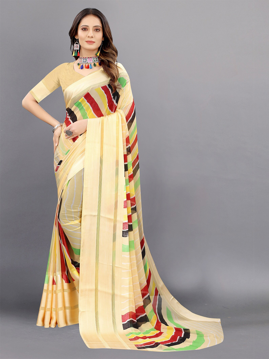 

APNISHA Yellow & Red Striped Pure Georgette Saree