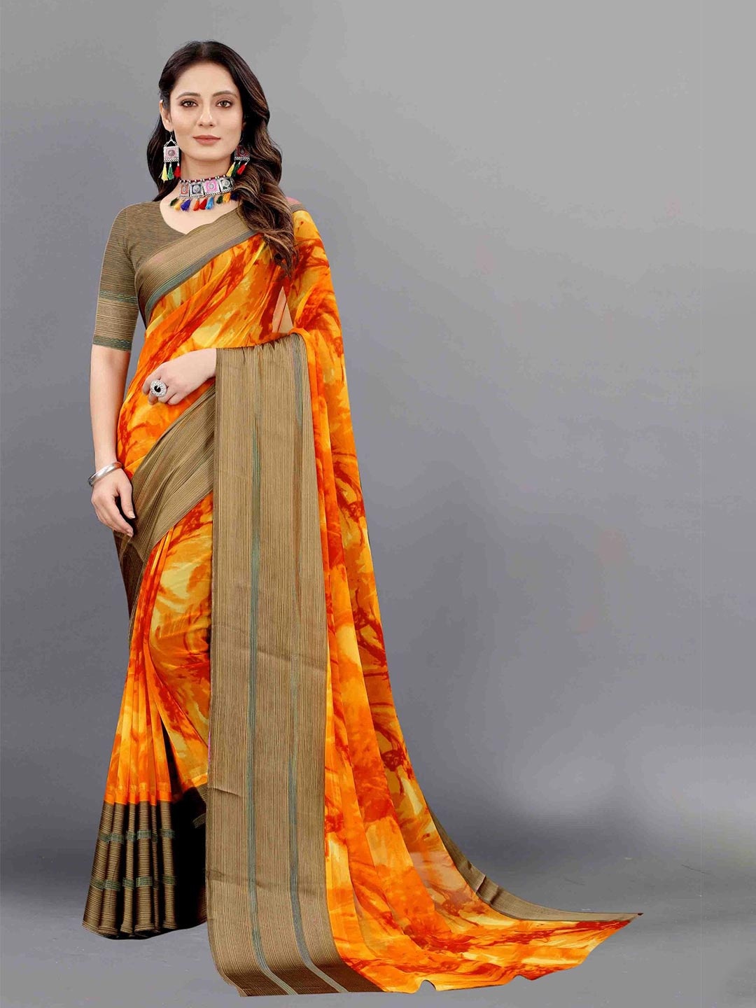 

APNISHA Orange & Grey Zari Pure Georgette Saree