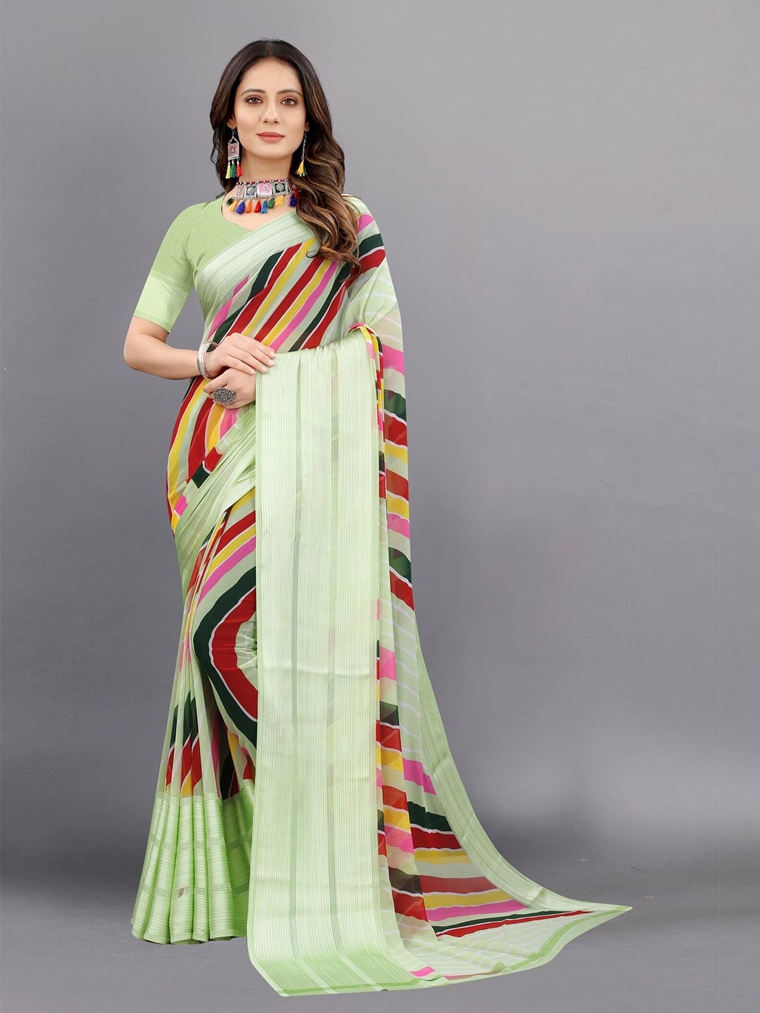 

APNISHA Green & Pink Striped Zari Pure Georgette Saree