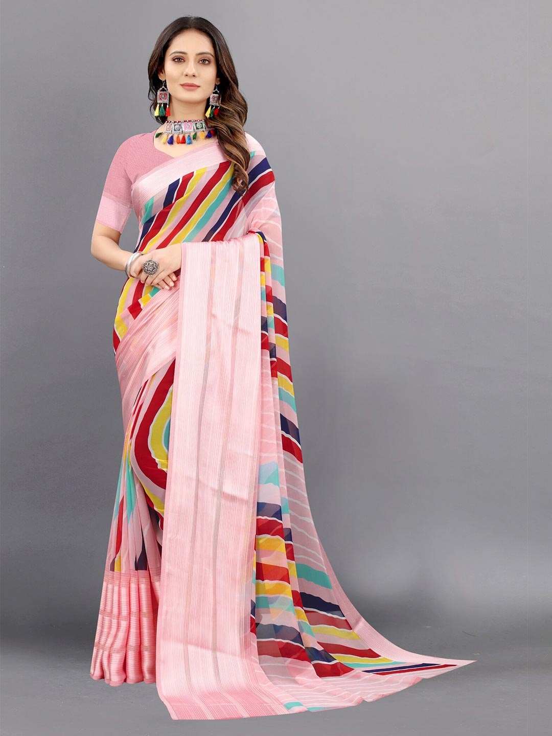 

APNISHA Peach-Coloured & Blue Striped Zari Pure Georgette Saree