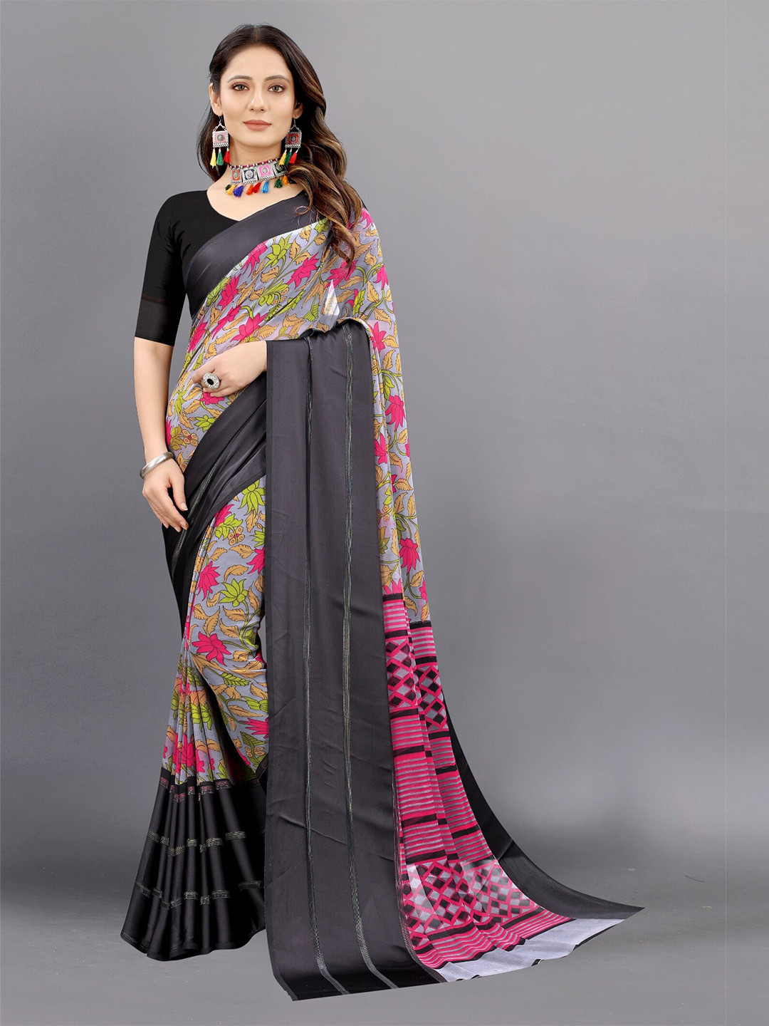 

APNISHA Black & Pink Floral Pure Georgette Saree