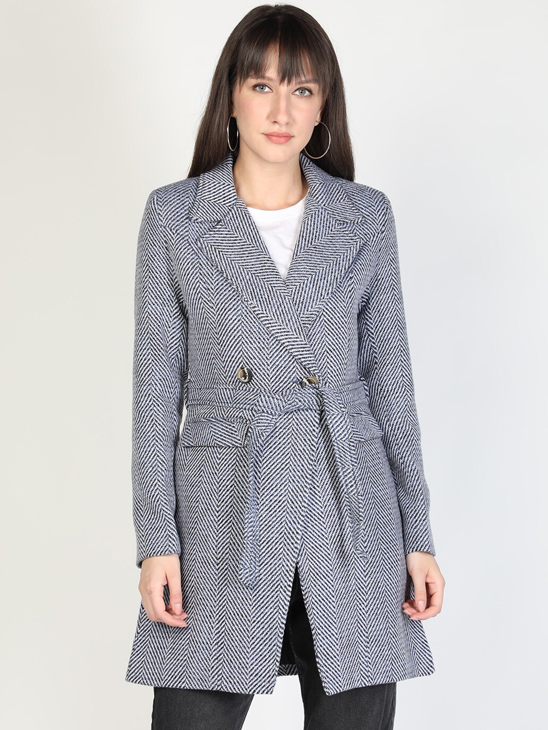 

HONNETE Women Grey Striped Longline Coats