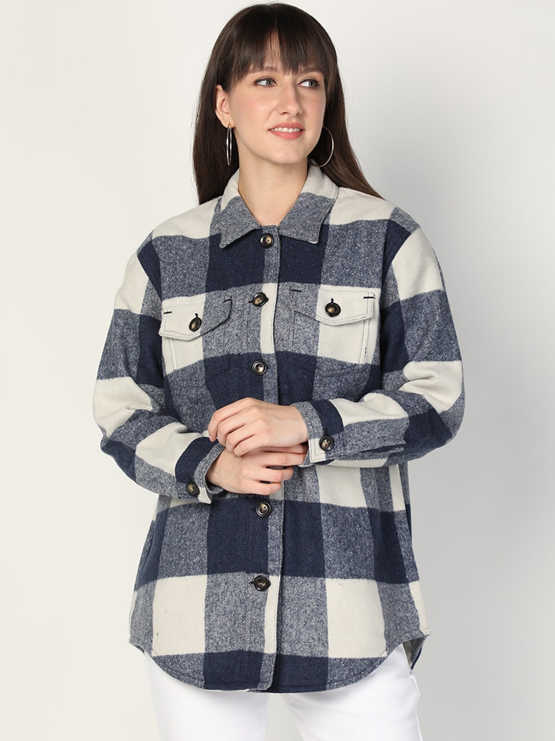 

HONNETE Women Blue White Checked Acrylic Longline Shackets