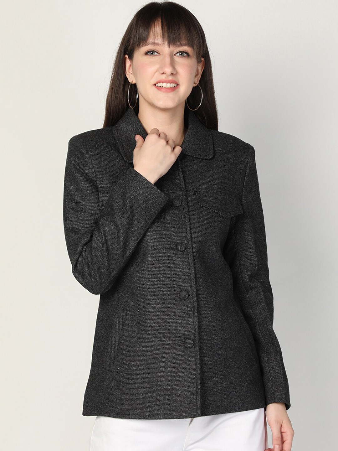 

HONNETE Women Dark-Grey Textured Short Trench Coat