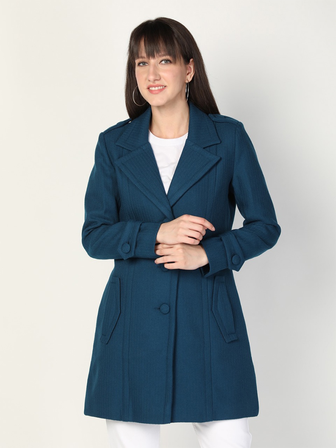 

HONNETE Women Teal Blue Solid Winter Coat