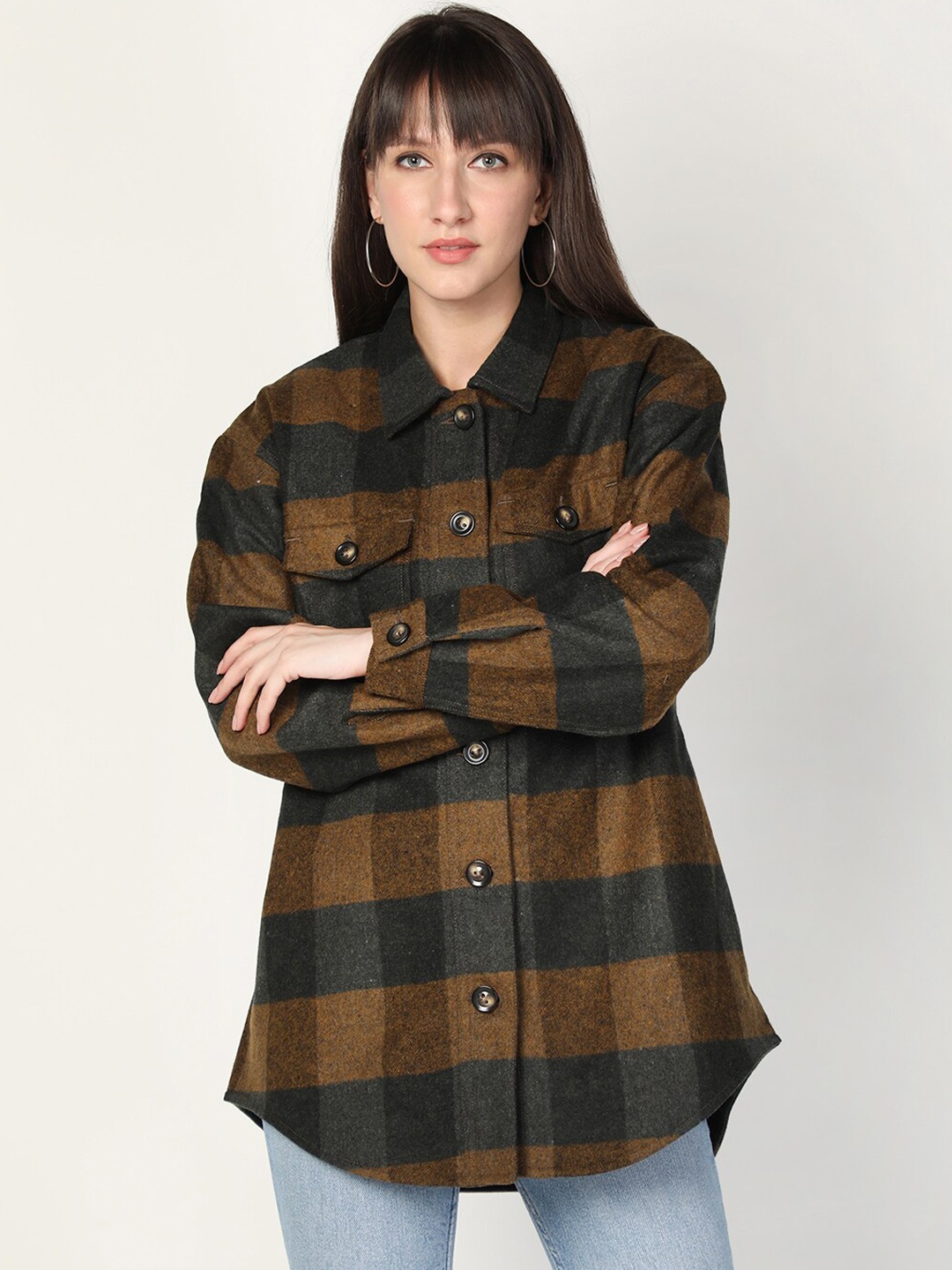 

HONNETE Women Brown & Green Checked Spread Collar Acrylic Shackets